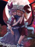  2girls :d absurdres arm_around_neck bat_wings blonde_hair bow bowtie brooch collared_shirt commentary crystal eyebrows_visible_through_hair fangs feet_out_of_frame flandre_scarlet frilled_shirt frilled_skirt frilled_sleeves frills full_moon grey_shirt grey_skirt hair_between_eyes hand_on_another&#039;s_head hat hat_ribbon high_heels highres holding_another&#039;s_arm hug hug_from_behind jewelry kaden_(muxt8423) leg_up looking_at_another looking_at_viewer medium_hair mob_cap moon multiple_girls one_side_up open_mouth parted_lips puffy_short_sleeves puffy_sleeves purple_hair red_bow red_bowtie red_eyes red_footwear red_ribbon red_shirt red_skirt remilia_scarlet ribbon ribbon-trimmed_headwear ribbon_trim shirt short_hair short_sleeves siblings side_ponytail sisters skirt skirt_set sleeveless sleeveless_shirt slit_pupils smile socks teeth tongue tongue_out touhou v-shaped_eyebrows waist_bow white_bow white_headwear white_legwear wings wrist_cuffs 