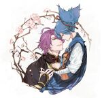  2boys blue_eyes blue_hair cherry_blossoms flower haori japanese_clothes kasen_kanesada male_focus multiple_boys musical_touken_ranbu ponytail purple_hair sayo_samonji touken_ranbu yway1101 