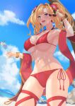  1girl absurdres bangs beach bikini blonde_hair blue_eyes blush breasts cleavage cloud cup drinking_glass flower granblue_fantasy hair_intakes hair_ornament hairband highres jewelry lancer24 large_breasts long_hair looking_at_viewer midriff navel open_mouth red_bikini sky smile solo sunglasses swimsuit twintails zeta_(granblue_fantasy) 