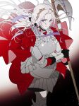  1girl armor axe cape edelgard_von_hresvelg fire_emblem fire_emblem:_three_houses fire_emblem_warriors:_three_hopes gloves hair_ribbon highres long_hair looking_at_viewer purple_eyes red_cape ribbon simple_background skirt solo vo1ez white_hair 