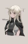  1girl arknights artist_name bangs black_cape blonde_hair blush breasts brown_background brown_eyes cape closed_mouth eyebrows_visible_through_hair hair_between_eyes highres horns jewelry large_breasts long_hair necklace pointy_ears shining_(arknights) simple_background solo tofuubear upper_body 
