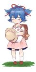  1boy androgynous backpack bag bandages blue_eyes blue_hair blush crossdressing hair_ribbon hat holding holding_clothes holding_hat male_focus pink_skirt ponytail ribbon sailor_collar sayo_samonji skirt solo touken_ranbu yway1101 