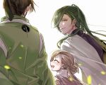  3boys brown_hair green_hair hair_bun hair_over_one_eye ima-no-tsurugi ishikirimaru japanese_clothes japanese_hat karaginu_mo long_hair male_focus multiple_boys nikkari_aoe ponytail short_ponytail silver_hair smile touken_ranbu white_hair yellow_eyes yway1101 