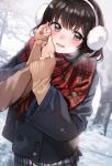  1boy 1girl bare_tree blurry blurry_background blush breath brown_eyes brown_hair cold earmuffs eyebrows_visible_through_hair fingernails hand_on_another&#039;s_cheek hand_on_another&#039;s_face holding_another&#039;s_wrist long_hair male_hand nishizawa open_mouth original outdoors pink_nails plaid plaid_scarf pov power_lines red_scarf scarf sleeves_past_wrists snow snowing tree utility_pole winter_clothes 