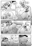  anthro bodily_fluids boss_(gym_pals) bovid bovine canid canine canis cattle comic cum duo genital_fluids genitals gym_pals h155296 hi_res male male/male mammal manager_(gym_pals) monochrome nipple_clamp nipple_piercing nipples penis piercing wolf 
