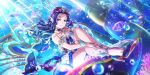  1girl birthday blue_nails blush breasts bubble cleavage collarbone crown_hair_ornament dress fish hair_ornament high_heels highres long_hair looking_at_viewer love_live! love_live!_sunshine!! matsuura_kanan medium_breasts official_art purple_eyes smile solo sunlight underwater water 