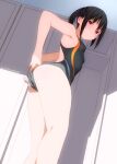  1girl adjusting_clothes adjusting_swimsuit armpits artist_name ass baba_arumi bangs black_hair black_swimsuit blush breasts brown_hair character_request commentary_request competition_swimsuit copyright_request dated from_below legs locker looking_at_viewer one-piece_swimsuit ponytail signature small_breasts solo swimsuit thighs 