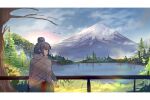  1girl absurdres arm_support backlighting bangs bare_tree bird blanket blue_hair blue_sky closed_mouth commentary_request cowboy_shot fence flying fog from_side hair_bun highres lake long_sleeves looking_to_the_side mount_fuji naoel_(naoel_art) pine_tree purple_eyes scenery shima_rin sidelocks sky solo standing tree white_background wide_shot yurucamp 