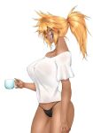  1girl black_panties bleach blonde_hair breasts covered_nipples cup dark-skinned_female dark_skin facial_mark from_side garako0814 green_eyes highres holding holding_cup large_breasts panties ponytail shirt short_sleeves simple_background solo standing tier_harribel underwear white_background white_shirt 