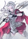  1girl armor axe edelgard_von_hresvelg fire_emblem fire_emblem:_three_houses fire_emblem_warriors:_three_hopes gloves hair_ribbon long_hair looking_at_viewer mueririko ponytail purple_eyes ribbon simple_background skirt solo weapon white_hair 