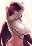  1girl arms_up breasts clothes_pull eyebrows_visible_through_hair fate/grand_order fate_(series) gradient gradient_background highres large_breasts long_hair looking_at_viewer navel purple_hair red_eyes revision ribbed_sweater saboten_teishoku scathach_(fate) solo sweater sweater_pull upper_body very_long_hair white_background white_sweater wide_hips 
