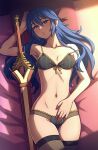  1girl akairiot armpits black_bra black_legwear black_panties blue_eyes blue_hair blush bra breasts collarbone falchion_(fire_emblem) fire_emblem fire_emblem_awakening highres long_hair looking_at_viewer lucina_(fire_emblem) lying navel on_back panties parted_lips revision sheath sheathed small_breasts solo sword thighhighs underwear underwear_only weapon 