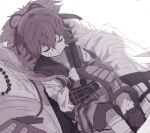  1boy armor hair_ribbon japanese_armor japanese_clothes kote male_focus monochrome ponytail ribbon sayo_samonji sepia sheath sheathed short_sword sleeping solo sword tantou touken_ranbu weapon yway1101 