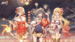  3girls :d architecture bangs bare_shoulders bianka_durandal_ataegina black_hair blonde_hair blue_eyes boots breasts brown_hair china_dress chinese_clothes chinese_new_year cleavage closed_mouth dress east_asian_architecture fireworks fu_hua fu_hua_(valkyrie_accipter) hair_ornament hair_over_one_eye highres holding holding_lantern homu_(honkai_impact) honkai_(series) honkai_impact_3rd lantern long_hair looking_at_viewer multiple_girls night night_sky official_art one_eye_closed outdoors purple_eyes red_dress rita_rossweisse short_sleeves sky smile stan_(honkai_impact) thigh_boots thighhighs third-party_source twintails wavy_hair white_sleeves 
