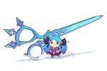  1girl ahoge anet_(anetillust) bangs blue_eyes bow bowtie doll dress drill_hair full_body green_hair grey_dress gwen_(league_of_legends) hair_bow hair_ornament heterochromia holding holding_scissors league_of_legends long_hair looking_at_viewer pink_bow pink_bowtie red_eyes scissors smile star_(symbol) twin_drills twintails x_hair_ornament 