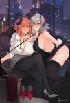  2girls anationkgt arknights artist_name ass bangs bare_shoulders black_legwear blunt_bangs blush bound bound_wrists bow breasts chinese_commentary cityscape collarbone crossed_legs cup demon_girl demon_horns demon_tail drinking_glass eyebrows_visible_through_hair full_body garter_straps hair_between_eyes hair_ornament hairclip half-closed_eyes high_heels highres horns huge_breasts id_card jewelry large_breasts leash leash_pull looking_at_another multicolored_hair multiple_girls necklace off_shoulder office_lady one_eye_closed open_mouth orange_hair original parted_lips plump red_bow red_eyes restrained shirt_tucked_in sideboob sitting skirt tail thick_thighs thighs two-tone_hair w_(arknights) white_footwear white_hair wine_glass yellow_eyes 