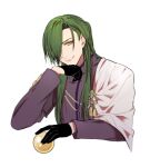  1boy black_gloves cape gloves green_hair hair_over_one_eye haori japanese_clothes male_focus nikkari_aoe orb ponytail smile solo touken_ranbu white_cape yellow_eyes yway1101 