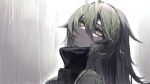  1girl ahoge angry arknights backlighting bangs closed_mouth commentary_request gavial_(arknights) green_hair grey_background hair_between_eyes head_tilt highres long_hair looking_at_viewer ozeu0916 portrait rain shaded_face solo yellow_eyes 