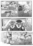 anthro boss_(gym_pals) bovid bovine canid canine canis cattle clothing comic duo graduation_cap gym_pals h155296 hat headgear headwear hi_res male mammal manager_(gym_pals) monochrome nipple_piercing nipples photo_frame piercing wolf 