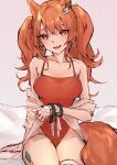  1girl :d angelina_(arknights) angelina_(summer_flowers)_(arknights) animal_ears arknights bangs bare_shoulders bed_sheet blush bracelet breasts casual_one-piece_swimsuit collarbone covered_navel eyebrows_behind_hair fox_ears fox_girl fox_tail highres jewelry long_hair looking_at_viewer medium_breasts oitenako one-piece_swimsuit open_mouth orange_eyes orange_hair oripathy_lesion_(arknights) polka_dot polka_dot_background red_swimsuit see-through sitting smile solo swimsuit tail thigh_strap twintails 