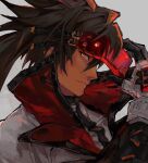  1boy belt brown_eyes brown_hair concrete english_text found_modori from_side gloves guilty_gear guilty_gear_xx hair_between_eyes hair_over_one_eye headband highres holding holding_weapon huge_weapon long_hair looking_to_the_side male_focus multiple_belts open_mouth order-sol ponytail profile red_headwear slit_pupils sol_badguy solo upper_body very_long_hair weapon white_gloves 