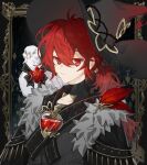  1boy alternate_costume animal_on_shoulder bangs bird bird_on_shoulder black_headwear closed_mouth diluc_(genshin_impact) feathers fur_trim genshin_impact hair_between_eyes hat highres long_hair looking_at_viewer male_focus persimmon_(lsxh3) ponytail red_eyes red_hair sidelocks solo torn_clothes torn_hat very_long_hair witch_hat 
