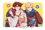  2016 2boys baozi battle_tendency blonde_hair blue_eyes blue_gloves blue_scarf blush bola_(weapon) brown_hair caesar_anthonio_zeppeli cellphone contemporary facial_mark fingerless_gloves food gloves green_eyes happy_new_year headband headphones headphones_around_neck holding holding_phone jojo_no_kimyou_na_bouken joseph_joestar joseph_joestar_(young) male_focus mittens multiple_boys new_year phone pouty_lips scarf sewater single_mitten smartphone spoken_food spoken_x yway1101 