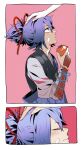  armor bandage_on_face bandages blue_eyes blue_hair bow closed_eyes food fruit hair_bow hand_on_another&#039;s_head japanese_armor japanese_clothes kote male_focus mandarin_orange petting ponytail sayo_samonji touken_ranbu yway1101 