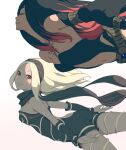  2girls bare_shoulders belt black_hair black_scarf blonde_hair chest_tattoo closed_eyes closed_mouth clothing_cutout crow_(gravity_daze) dark-skinned_female dark_skin detached_sleeves flying gem gradient gradient_background gravity_daze gravity_daze_2 hairband highres kitten_(gravity_daze) long_hair looking_at_another multicolored_hair multiple_girls navel navel_cutout red_eyes red_hair saitou_shunsuke scarf smile tattoo 