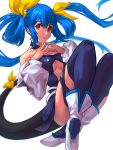  1girl bare_shoulders belt blue_hair boots breasts center_opening choker cleavage collarbone crossed_legs dizzy_(guilty_gear) fetal_position fingers_together floating floating_hair guilty_gear guilty_gear_x guilty_gear_xx hair_ribbon high_heels highres large_breasts long_hair long_sleeves looking_at_viewer low_twintails monster_girl no_wings open_mouth puffy_long_sleeves puffy_sleeves red_eyes ribbon shaded_face simple_background solo tail tail_ornament tail_ribbon thigh_strap thighhighs thighs twintails ura_dora white_background yellow_eyes yellow_ribbon 