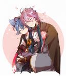  2boys armor blue_eyes blue_hair blush highres hug hug_from_behind japanese_armor japanese_clothes kasen_kanesada kote male_focus multiple_boys petals ponytail purple_hair sayo_samonji touken_ranbu wince yway1101 