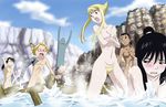  3girls alphonse_elric arm_up armor automail black_eyes black_hair blonde_hair blue_eyes blush breasts brown_eyes censored closed_eyes cloud cloudy_sky dark_skin day ears edward_elric embarrassed erection full_armor fullmetal_alchemist hair_bun lan_fan ling_yao long_hair mechanical_arm medium_breasts mnbvcxz000 mosaic_censoring multiple_boys multiple_girls navel nipples nude open_mouth outdoors paninya ponytail pubic_hair short_hair sky splashing wading water winry_rockbell wood 