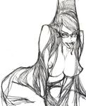  1girl bayonetta bayonetta_(character) breasts cleavage female glasses ikeda_masateru long_hair monochrome nipples sitting sketch solo tongue 