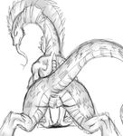  black_and_white breasts digitigrade female furry l1zardman lizard long_neck looking_at_viewer looking_back monochrome plain_background presenting primal_rage pussy reptile scalie tail tongue tongue_out vertigo_(primal_rage) white_background 
