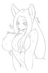  1girl animal_ears blush breasts female furry huge_breasts monochrome nipple_bondage nipple_piercing nipples piercing simple_background sindoll solo sweat 