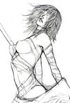  bandages breasts choker demon's_souls greyscale ikeda_masateru maiden_in_black medium_breasts monochrome nipples sketch solo souls_(from_software) staff 
