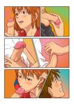  1girl anezaki_mamori artist_request blush brown_eyes brown_hair censored clenched_teeth eyeshield_21 fellatio handjob kobayakawa_sena oral penis pubic_hair shirt sweat teeth testicles yamamiya_hiroshi 