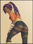  1girl ass bleach censored dark_skin deep_rising from_behind leaning_forward long_hair looking_back no_panties ponytail purple_hair pussy shihouin_yoruichi solo thor_(deep_rising) torn_clothes yellow_eyes 
