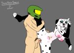  101_dalmatian_street 101_dalmatians 2018 abdominal_bulge against_wall anthro big_breasts breasts canine crossover dalmatian disney dog dolly_(101_dalmatians) halo_(series) huge_breasts human mammal master_chief penis pussy sex simple_background tagme video_games 