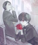  2boys bangs black_hair black_reaper black_shirt closed_mouth collared_shirt from_side furuta_nimura glasses gloves grey_necktie hand_up highres interlocked_fingers kaneki_ken long_sleeves looking_at_viewer male_focus mole mole_under_eye multiple_boys necktie red_gloves shirt short_hair smile stfr_(stfr_kaz) tokyo_ghoul 