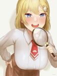  1girl bangs blonde_hair blue_eyes breasts brown_skirt collared_shirt commentary detective english_commentary eyebrows_visible_through_hair hair_ornament hand_on_hip highres holding holding_magnifying_glass hololive hololive_english kirinkirin large_breasts leaning_forward long_sleeves looking_at_viewer magnifying_glass monocle_hair_ornament mustache_print necktie open_mouth print_necktie red_necktie round_teeth shirt short_necktie skirt smile solo teeth upper_teeth virtual_youtuber watson_amelia white_shirt 