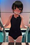  1girl absurdres bangs bare_arms bare_shoulders black_hair black_headwear black_swimsuit blush brown_eyes closed_mouth cowboy_shot eyebrows_visible_through_hair highres indoors looking_at_viewer matsunaga_kouyou nose_blush old_school_swimsuit one-piece_swimsuit original pool pool_ladder school_swimsuit short_hair smile solo standing sunset swim_cap swimsuit wet wet_hair window 