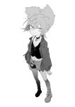  1boy collar denim denim_shorts greyscale jacket male_focus midriff_peek monochrome off_shoulder otoko_no_ko ponytail sayo_samonji shoes shorts sneakers solo tank_top touken_ranbu yway1101 