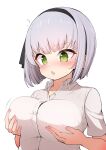  1girl absurdres alternate_breast_size bangs black_hairband blush bob_cut breast_hold breasts buttons chestnut_mouth collarbone collared_shirt dot_nose eyebrows_visible_through_hair eyelashes fingernails green_eyes hairband highres konpaku_youmu large_breasts moyashi_baasuto open_mouth shirt short_hair short_sleeves silver_hair simple_background solo standing sweatdrop touhou upper_body vest_removed white_background white_shirt wing_collar 