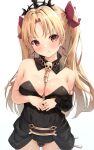  1girl akasaki_koyo bangs bare_shoulders between_breasts black_leotard blonde_hair blush bow breasts closed_mouth cowboy_shot detached_collar detached_sleeves earrings ereshkigal_(fate) eyebrows_visible_through_hair fate/grand_order fate_(series) groin hair_bow hair_ribbon head_tilt highres jewelry large_breasts leotard long_hair long_sleeves looking_at_viewer medium_breasts parted_bangs purple_bow red_eyes ribbon single_detached_sleeve skull solo spine strapless strapless_leotard tiara two_side_up v-shaped_eyebrows very_long_hair 