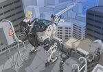  1girl bob_cut boots closed_mouth externally_piloted_mecha from_behind gatling_santouhei highres looking_at_viewer looking_back mecha original rooftop solo thigh_boots thighhighs 