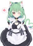  1girl absurdres alternate_costume animal_ear_fluff animal_ears apron bangs bell blue_hair blush cat_ears cat_tail dress earrings elbow_gloves enmaided ghost_earrings gloves gradient_hair green_hair hair_ornament heart highres hololive jewelry looking_at_viewer maid maid_apron multicolored_hair neck_bell one_eye_closed polyethyle red_eyes short_dress short_hair short_sleeves skull_hair_ornament solo tail uruha_rushia virtual_youtuber white_gloves 