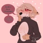  &lt;3 &lt;3_eyes 1:1 anthro big_breasts blush bodily_fluids breasts canid canine clothing ear_piercing english_text female fox hi_res mammal mortyfini piercing saliva smile solo speech_bubble sweater text topwear 