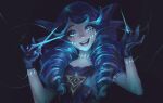  1girl :d bangs black_background black_bow black_gloves bow breasts drill_hair gloves green_hair gwen_(league_of_legends) hair_bow highres holding holding_needle holding_scissors league_of_legends long_hair looking_at_viewer needle scissors smile solo stootato_(crownsforkings) teeth twin_drills twintails upper_body 