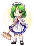  1girl :d apron ascot back_bow bangs black_footwear bloomers blue_dress bow broom collared_shirt dress dungeon_toaster eye_print full_body green_eyes green_hair happy highres holding holding_broom maid maid_headdress mary_janes open_mouth puffy_short_sleeves puffy_sleeves radiation_symbol red_ascot ruukoto shirt shoes short_hair short_sleeves simple_background smile socks standing suspenders touhou touhou_(pc-98) underwear waist_apron white_apron white_background white_bloomers white_bow white_legwear white_shirt 
